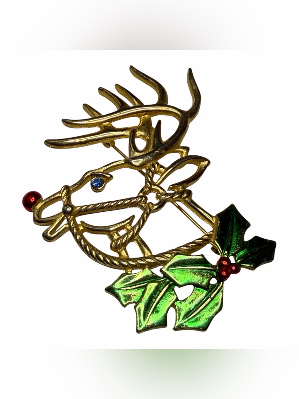 Vintage JJ Jonette Gold Tone Reindeer Holiday Brooch with Green Holly Accent